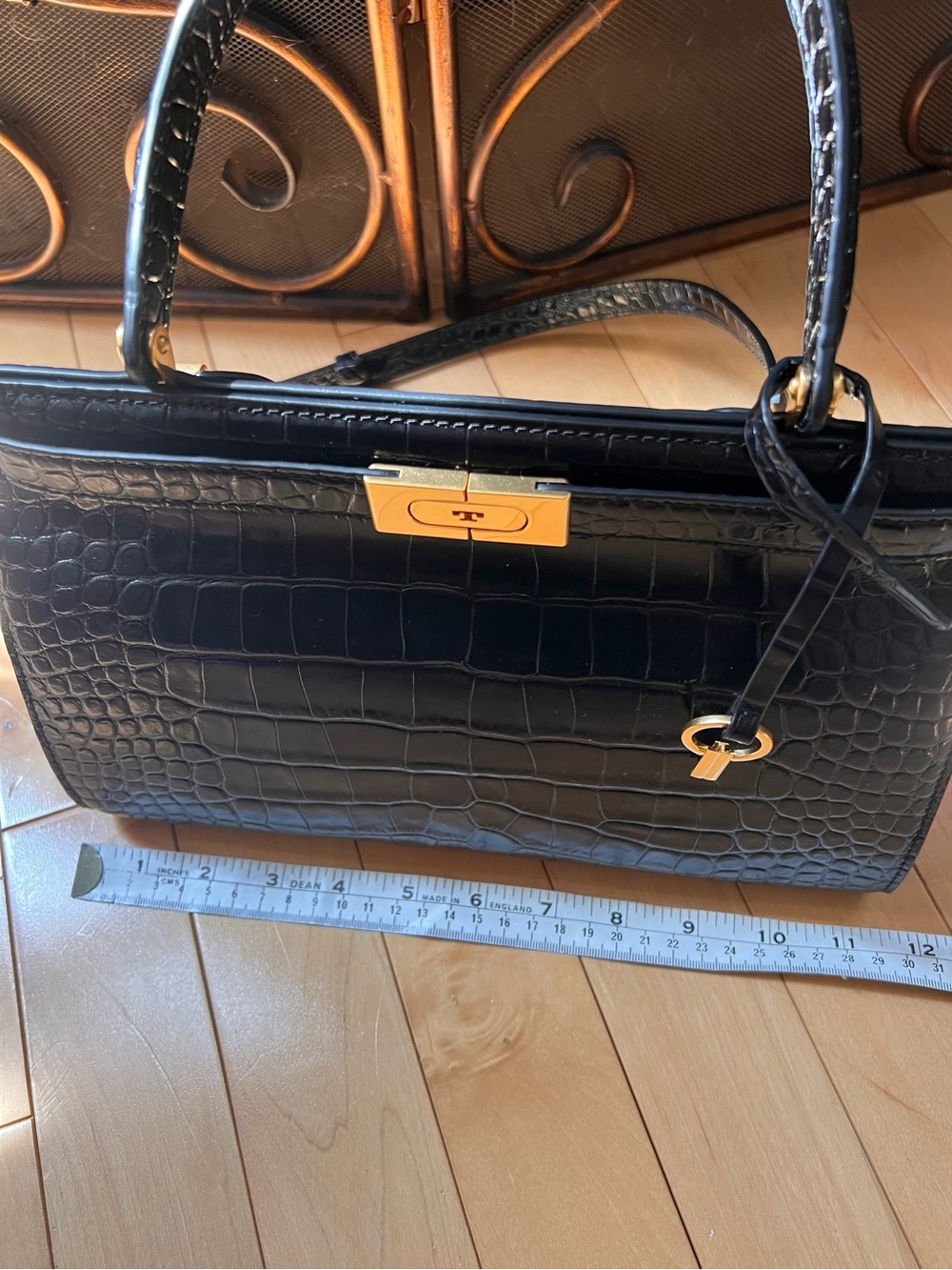 Tory Burch Lee Rodziwill Black Croc Embossed Leather Top Handle/Shoulder Bag - Picture 9 of 15
